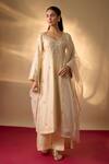 Buy_The Aarya_Beige Chanderi, Organza Embroidery, Zari Split V-neck Zardozi Kurta Set _at_Aza_Fashions