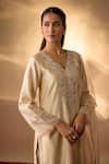 The Aarya_Beige Chanderi, Organza Embroidery V-neck Zardozi Kurta Set _Online_at_Aza_Fashions