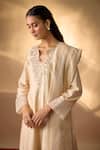 Shop_The Aarya_Beige Chanderi, Organza Embroidery V-neck Zardozi Anarkali Set _Online_at_Aza_Fashions