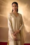 The Aarya_Beige Chanderi, Organza Embroidery, Zari V-neck Zardozi Floral Kurta Set _at_Aza_Fashions