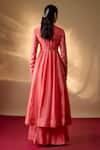 Shop_The Aarya_Coral Chanderi, Organza Embroidery Round Neck Hand Anarkali Palazzo Set _at_Aza_Fashions