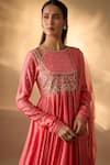 Buy_The Aarya_Coral Chanderi, Organza Embroidery Round Neck Hand Anarkali Palazzo Set _Online_at_Aza_Fashions