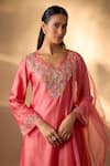 Buy_The Aarya_Peach Chanderi, Organza Embroidery, Zari V-neck Zardozi Kurta Set _Online_at_Aza_Fashions