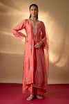 Buy_The Aarya_Coral Chanderi, Organza Embroidery, Zari Split V-neck Kurta Set _at_Aza_Fashions