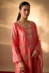 Buy_The Aarya_Coral Chanderi, Organza Embroidery, Zari Split V-neck Kurta Set _Online_at_Aza_Fashions