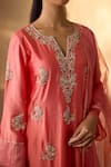 Shop_The Aarya_Coral Chanderi, Organza Embroidery, Zari Split V-neck Kurta Set _Online_at_Aza_Fashions