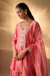 Buy_The Aarya_Peach Chanderi, Organza Embroidery, Zari V-neck Zardozi Peplum Kurta Set _Online_at_Aza_Fashions
