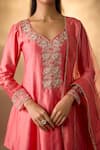 Shop_The Aarya_Peach Chanderi, Organza Embroidery, Zari V-neck Zardozi Peplum Kurta Set _Online_at_Aza_Fashions