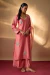 Buy_The Aarya_Coral Chanderi, Organza Embroidery, Zari V-neck Zardozi Kurta Set _at_Aza_Fashions