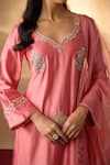 Shop_The Aarya_Coral Chanderi, Organza Embroidery, Zari V-neck Zardozi Kurta Set _Online_at_Aza_Fashions