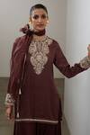 Buy_Sheela Suthar_Brown Silk, Organza Embroidery, Sequins Split V-neck Short Kurta And Sharara Set 