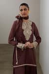 Shop_Sheela Suthar_Brown Silk, Organza Embroidery, Sequins Split V-neck Short Kurta And Sharara Set 