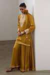 Buy_Sheela Suthar_Mustard Silk, Organza Embroidery, Sequins Split V-neck Badla Kurta Sharara Set _at_Aza_Fashions