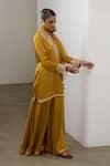 Shop_Sheela Suthar_Mustard Silk, Organza Embroidery, Sequins Split V-neck Badla Kurta Sharara Set _Online_at_Aza_Fashions