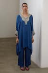 Shop_Sheela Suthar_Blue Silk Embroidery, Sequins, Metallic Thread V-neck Kaftan And Pant Set _Online_at_Aza_Fashions
