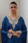 Sheela Suthar_Blue Silk Embroidery, Sequins, Metallic Thread V-neck Kaftan And Pant Set _at_Aza_Fashions