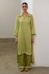 Sheela Suthar_Green Silk Embroidery, Sequins Collared, V-neck High-low Kurta And Pant Set _Online_at_Aza_Fashions