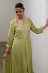 Sheela Suthar_Green Silk, Organza Embroidery, Sequins, Zari Round Neck Asymmetric Kurta Set _at_Aza_Fashions