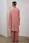 Shop_Sheela Suthar_Peach Silk Embroidery, Sequins Round Neck One Sleeve Asymmetric Cape And Pant Set _at_Aza_Fashions