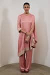 Buy_Sheela Suthar_Peach Silk Embroidery, Sequins Round Neck One Sleeve Asymmetric Cape And Pant Set _at_Aza_Fashions