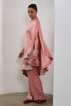 Buy_Sheela Suthar_Peach Silk Embroidery, Sequins Round Neck One Sleeve Asymmetric Cape And Pant Set _Online_at_Aza_Fashions