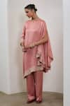 Sheela Suthar_Peach Silk Embroidery, Sequins Round Neck One Sleeve Asymmetric Cape And Pant Set _at_Aza_Fashions