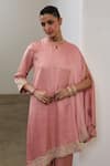 Buy_Sheela Suthar_Peach Silk Embroidery, Sequins Round Neck One Sleeve Asymmetric Cape And Pant Set 