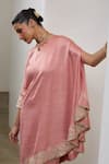 Shop_Sheela Suthar_Peach Silk Embroidery, Sequins Round Neck One Sleeve Asymmetric Cape And Pant Set 