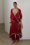 Buy_Sheela Suthar_Red Silk, Organza Embroidery, Sequins, Zari V-neck Asymmetric Kurta Set _at_Aza_Fashions