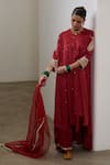 Sheela Suthar_Red Silk, Organza Embroidery, Sequins, Zari Round Neck Asymmetric Anarkali Set _at_Aza_Fashions
