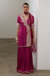 Shop Sheela Suthar Magenta Silk, Organza Embroidery, Sequins, Gota Short Angarkha Kurta And Pant Set Online at Aza Fashions Shop_Sheela Suthar_Magenta Silk, Organza Embroidery, Sequins, Gota Short Angarkha Kurta And Pant Set _Online_at_Aza_Fashions