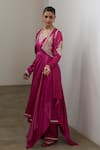 Buy_Sheela Suthar_Magenta Silk, Organza Embroidery, Sequins, Zari V-neck Bolero And Kurta Set _Online_at_Aza_Fashions