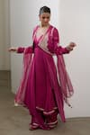 Sheela Suthar_Magenta Silk, Organza Embroidery, Sequins, Zari V-neck Bolero And Kurta Set _at_Aza_Fashions