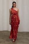 Sheela Suthar_Red Tissue Beads, Pearls, Embroidery One Shoulder Pleated Dress _Online_at_Aza_Fashions
