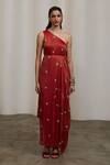 Shop_Sheela Suthar_Red Tissue Beads, Pearls, Embroidery One Shoulder Pleated Dress _Online_at_Aza_Fashions