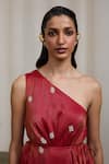 Sheela Suthar_Red Tissue Beads, Pearls, Embroidery One Shoulder Pleated Dress _at_Aza_Fashions