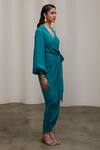 Sheela Suthar_Teal Crepe V-neck, Collared Wrap Dress With Balloon Sleeves _Online_at_Aza_Fashions