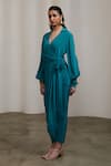 Buy_Sheela Suthar_Teal Crepe V-neck, Collared Wrap Dress With Balloon Sleeves _Online_at_Aza_Fashions