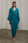 Buy_Sheela Suthar_Teal Crepe V-neck, Collared Wrap Dress With Balloon Sleeves _at_Aza_Fashions