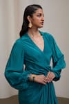 Sheela Suthar_Teal Crepe V-neck, Collared Wrap Dress With Balloon Sleeves _at_Aza_Fashions