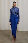 Sheela Suthar_Blue Silk, Crepe Collared Striped Shirt And Tie-up Skirt Set _at_Aza_Fashions