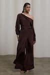 Sheela Suthar_Brown Crepe One Shoulder Top And Pant Set _at_Aza_Fashions