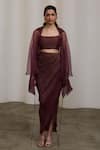Shop_Sheela Suthar_Burgundy Organza, Tissue Collared, V-neck, Square Bralette And Draped Skirt Set _at_Aza_Fashions
