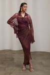Buy_Sheela Suthar_Burgundy Organza, Tissue Collared, V-neck, Square Bralette And Draped Skirt Set _at_Aza_Fashions