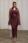 Buy_Sheela Suthar_Burgundy Organza, Tissue Collared, V-neck, Square Bralette And Draped Skirt Set _Online_at_Aza_Fashions