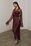 Sheela Suthar_Burgundy Organza, Tissue Collared, V-neck, Square Bralette And Draped Skirt Set _at_Aza_Fashions