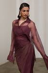 Buy_Sheela Suthar_Burgundy Organza, Tissue Collared, V-neck, Square Bralette And Draped Skirt Set 