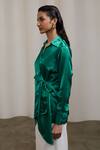 Sheela Suthar_Emerald Green Bows Collared, V-neck Gaji Silk Tie-up Shirt _Online_at_Aza_Fashions