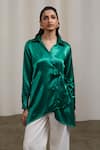Buy_Sheela Suthar_Emerald Green Bows Collared, V-neck Gaji Silk Tie-up Shirt _at_Aza_Fashions