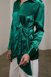 Shop_Sheela Suthar_Emerald Green Bows Collared, V-neck Gaji Silk Tie-up Shirt _Online_at_Aza_Fashions